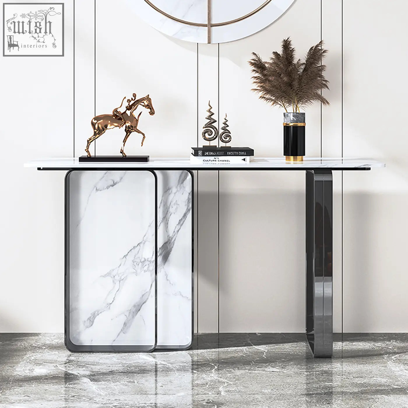 Modern aeta console table with sleek white marble top black metal legs and elegant curved side panels