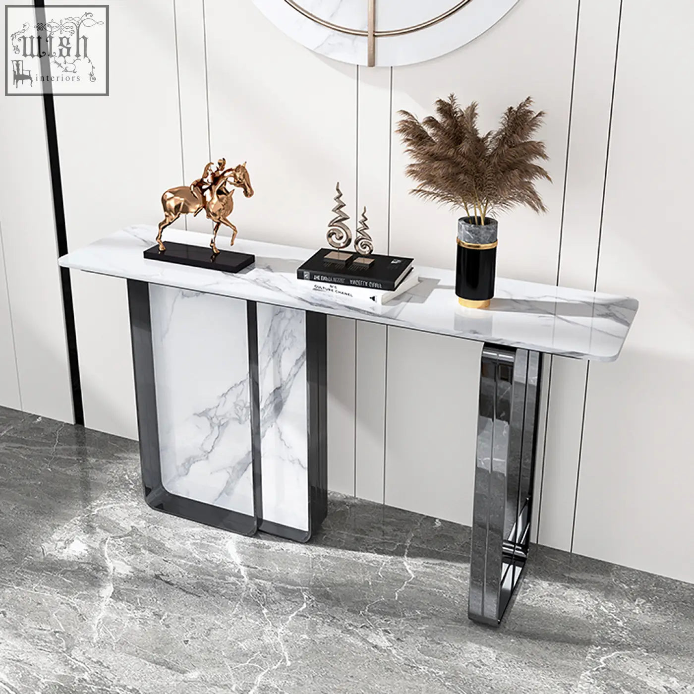 Modern aeta console table with white marble top and sleek black metal legs perfect for stylish entryways