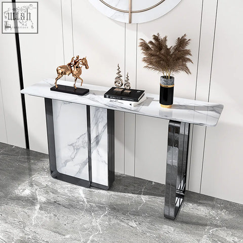 Modern aeta console table with white marble top and sleek black metal legs perfect for stylish entryways