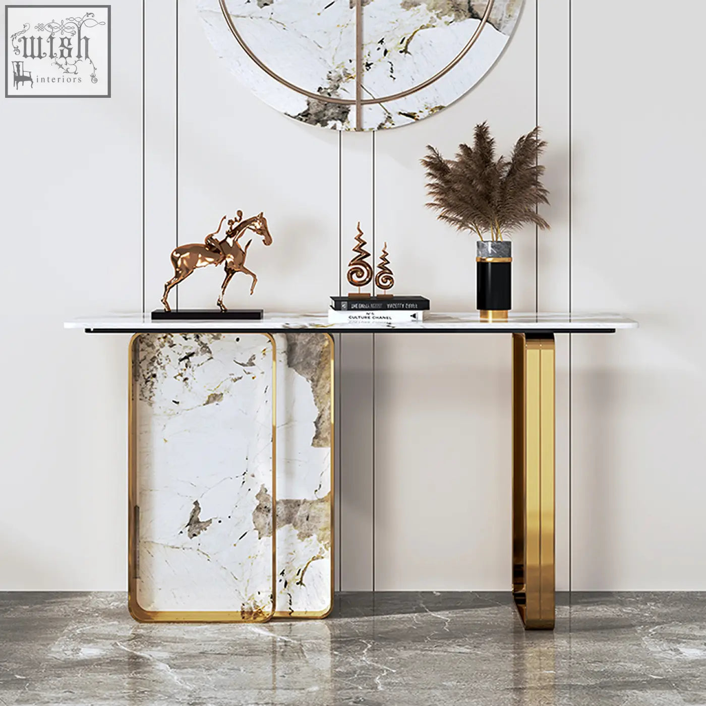 Modern aeta console table with white marble stone top and gold metal frame featuring sleek veining patterns