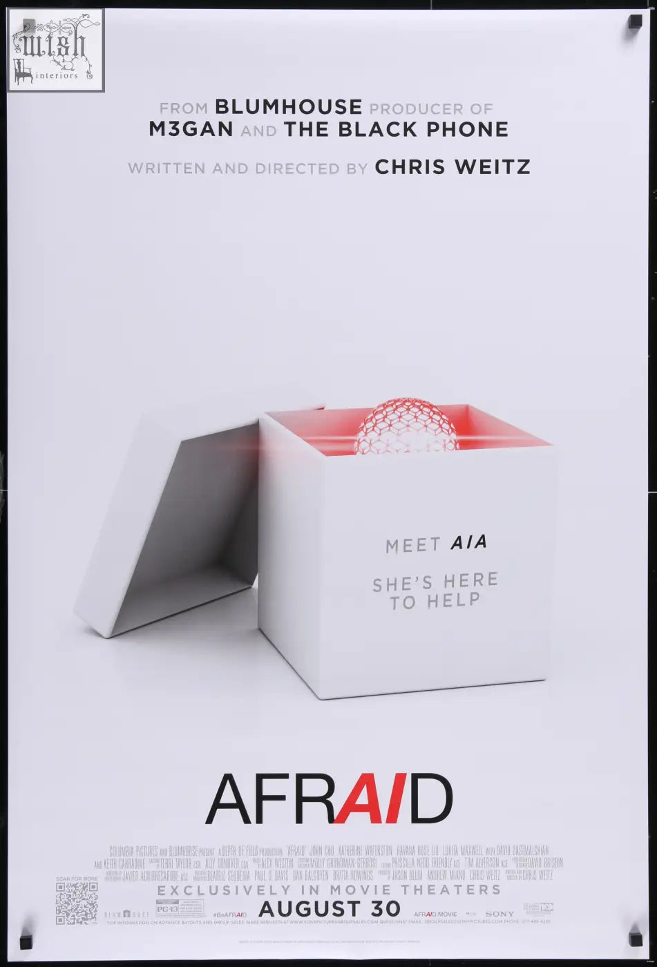 White rectangular box with red interior and sphere inside featuring minor edge wear text on side for afrAId 2024 movie poster john cho