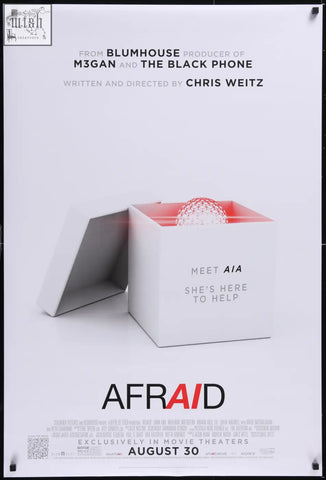 White rectangular box with red interior and sphere inside featuring minor edge wear text on side for afrAId 2024 movie poster john cho