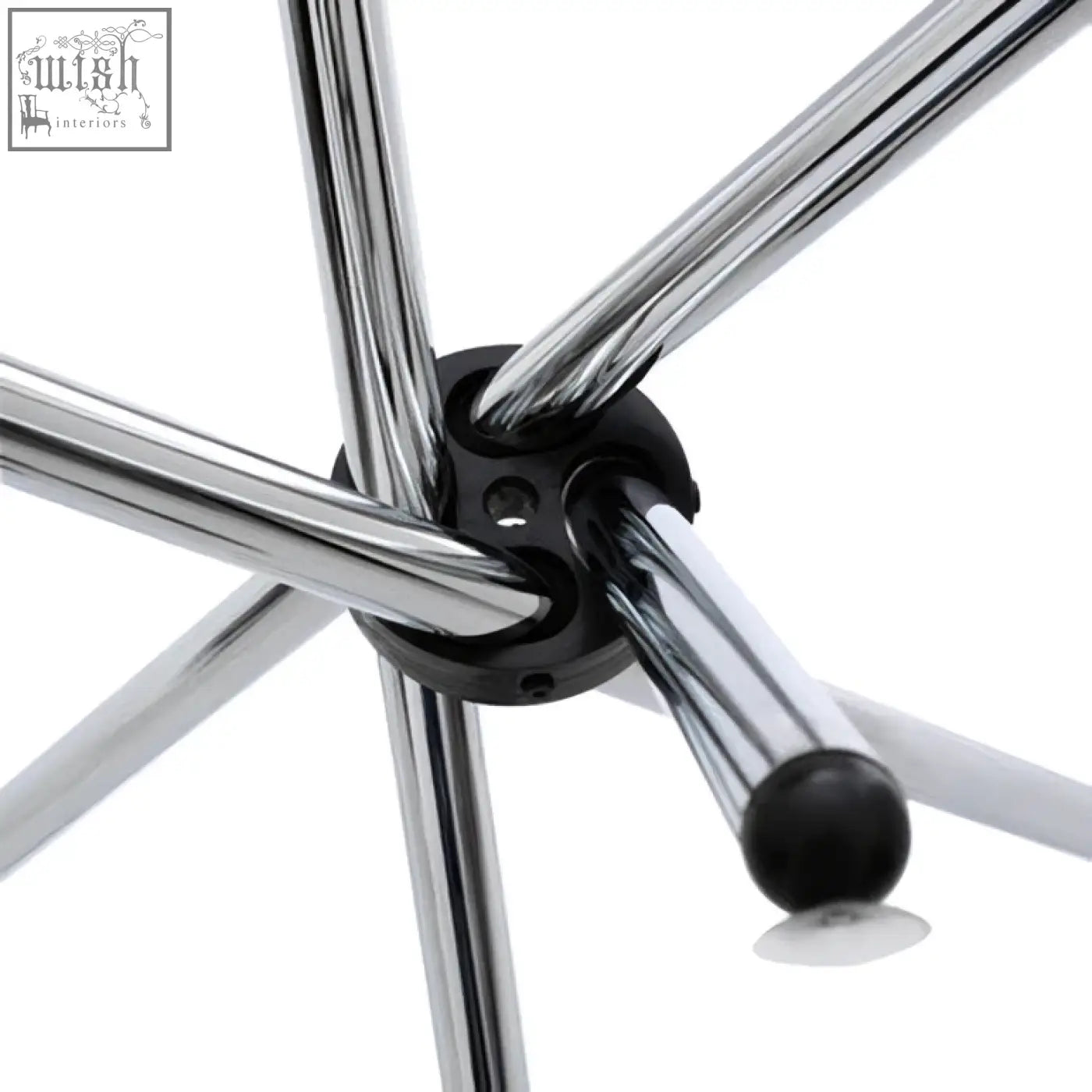 Chrome finished metal umbrella frame with black joint and spherical end caps for afton round dining table with glass top and cross base