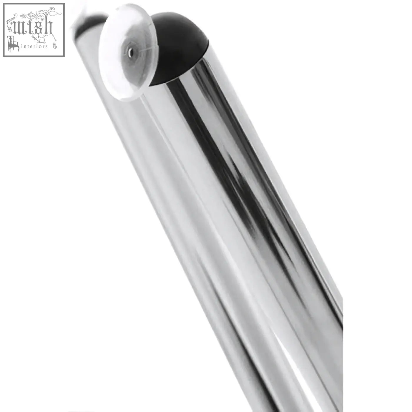 Chrome finished metal pole with black suction cup attachment on afton round dining table with glass top and cross base