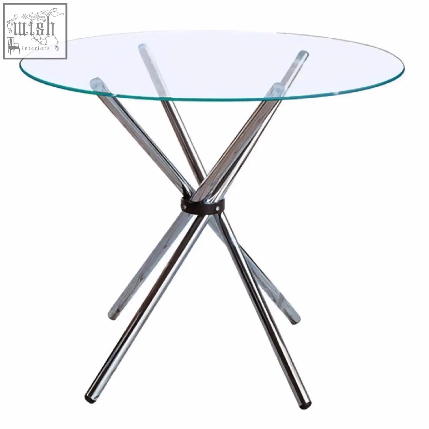 Afton round dining table with clear glass top and four angular chrome legs in a stylish cross base design