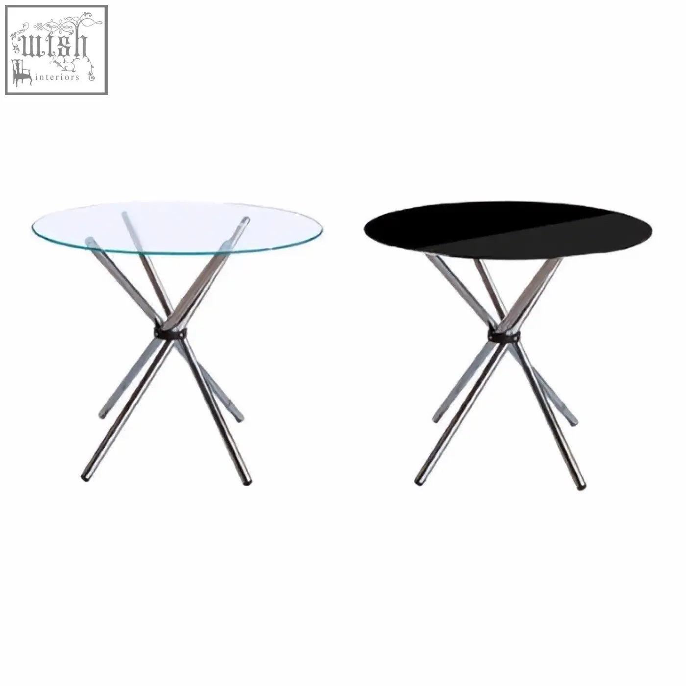 Two minimalist afton round dining tables with clear and black glass tops and chrome cross base legs