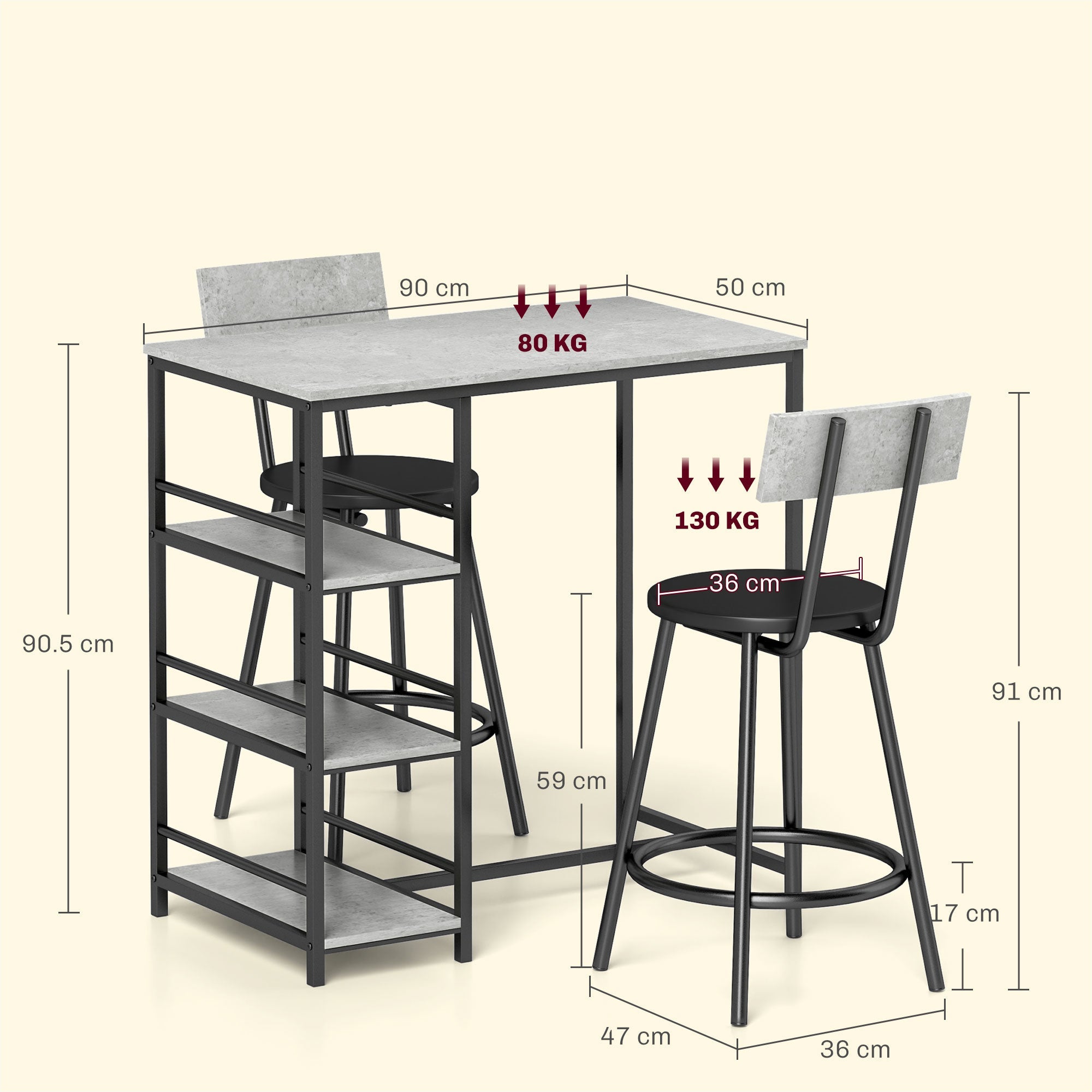 HOMCOM Three-Piece Kitchen Dining Set, with Shelves - Grey/Black