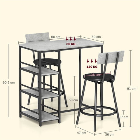 HOMCOM Three-Piece Kitchen Dining Set, with Shelves - Grey/Black