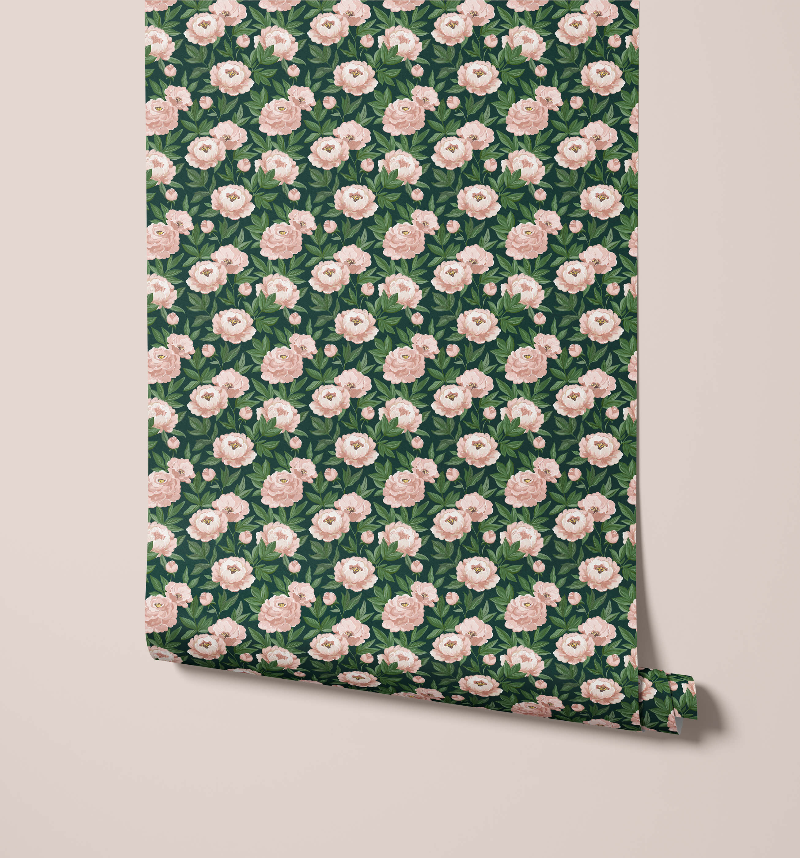 A roll of agatha dark green peony wallpaper with a dense pattern of soft pink peonies and lush green leaves