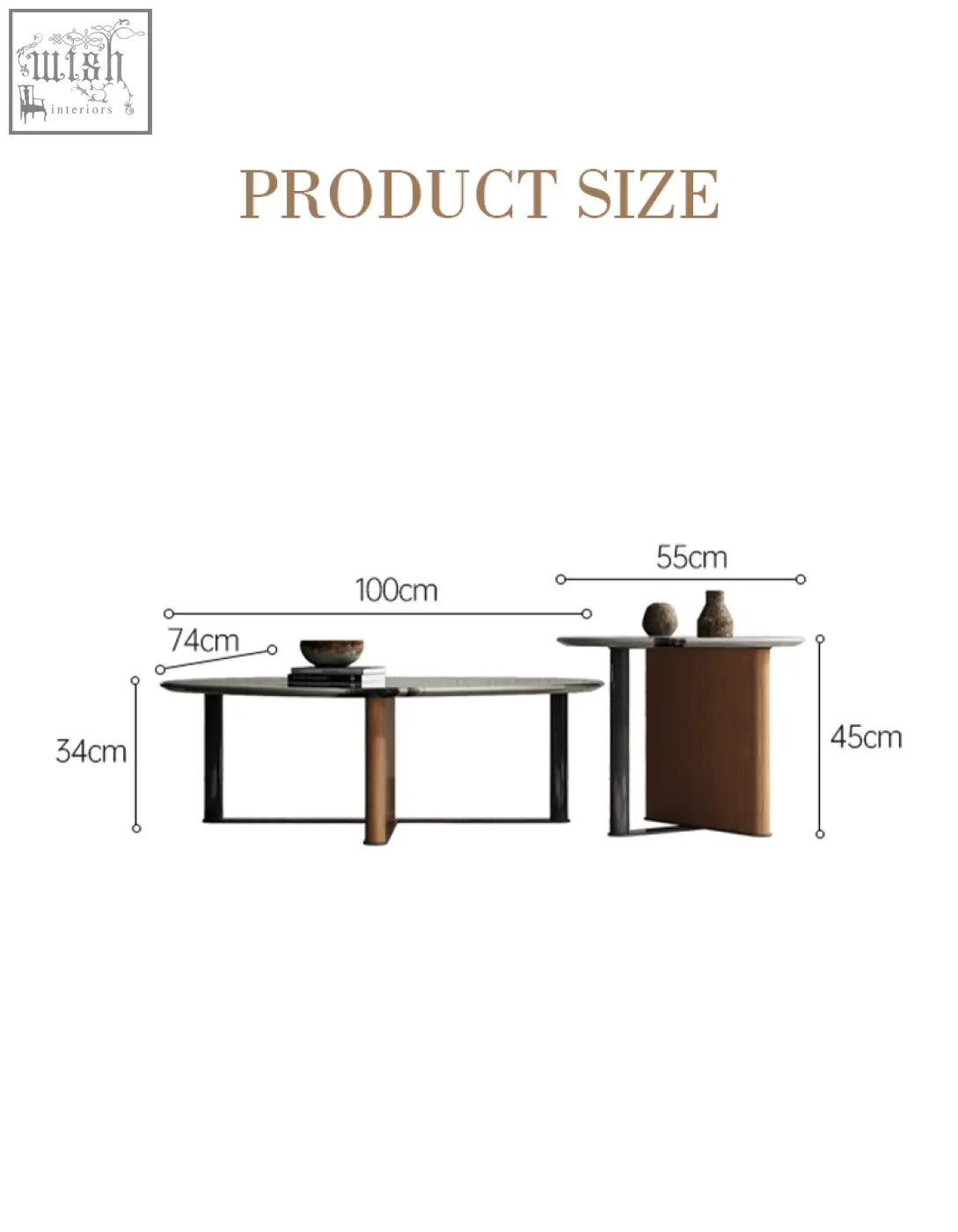 Modern minimalist agatha nesting coffee table with sleek black metal frame and dark wood oval top in mable finish