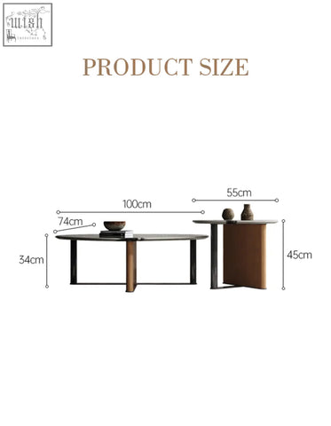 Modern minimalist agatha nesting coffee table with sleek black metal frame and dark wood oval top in mable finish