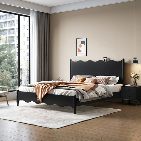 Black wooden agatha queen size king size super king size storage bed with scalloped headboard and footboard