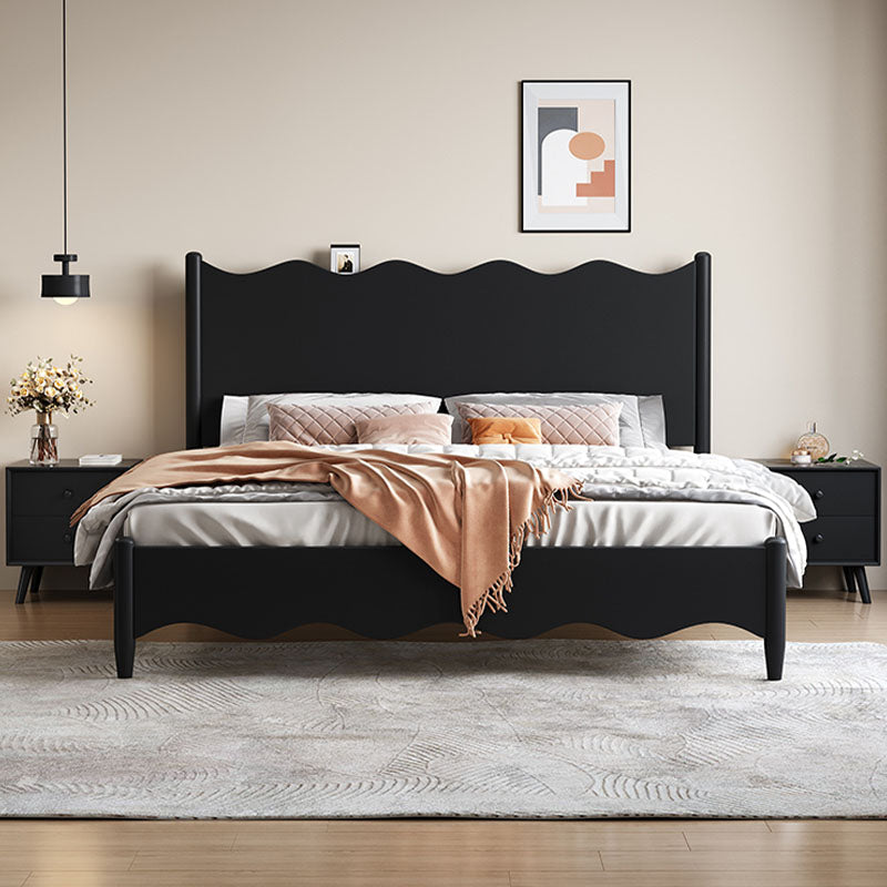 Black wooden agatha queen size storage bed with curved headboard and footboard in smooth dark finish wood king size option