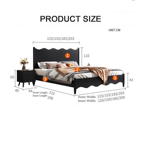 Black wooden agatha queen size super king size storage bed with curved headboard and matching nightstand beside it