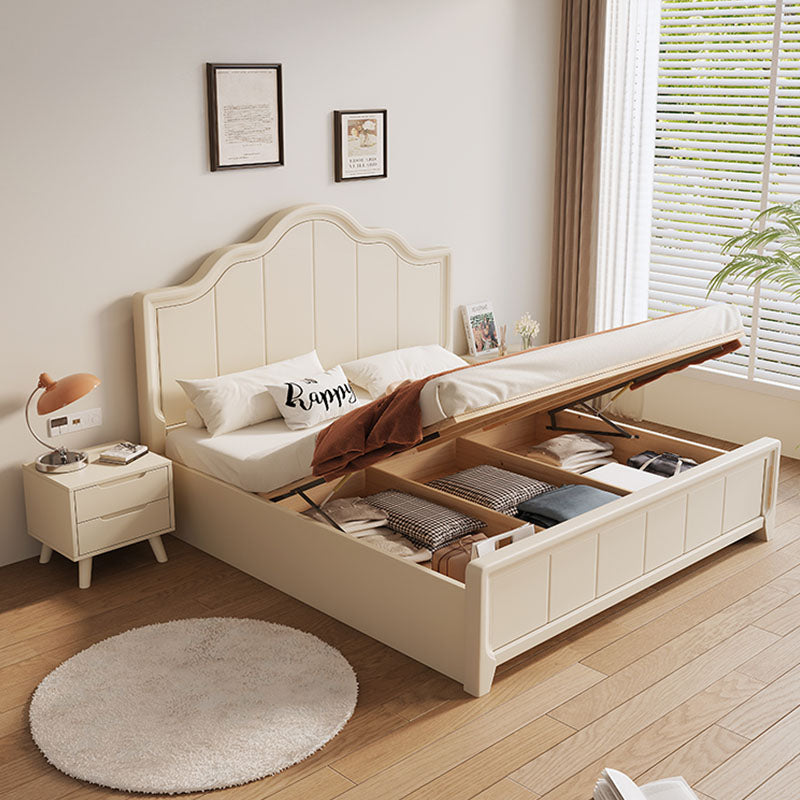 Cream upholstered agnes king size bed with curved headboard and built-in storage perfect for super king size rooms
