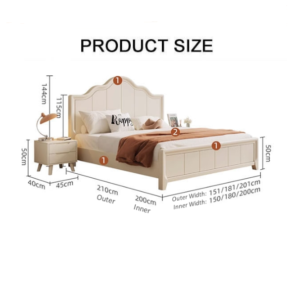 Cream-colored wooden agnes king size bed with curved headboard footboard and vertical paneling for storage use