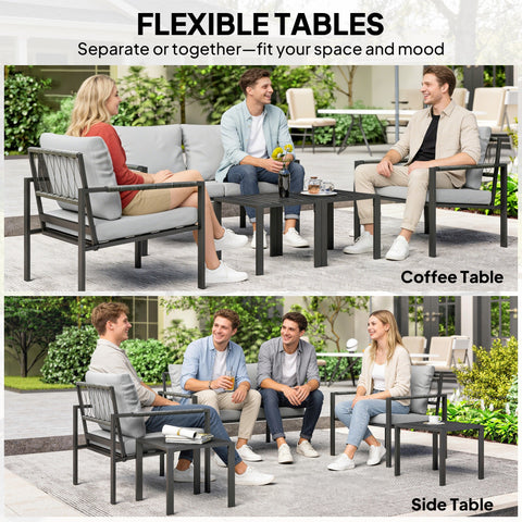 Outsunny 5 Piece Metal Garden Furniture Sofa Set with Thickened Cushions, Loveseat, 2 Armchairs, 2 Coffee Tables, Light Grey