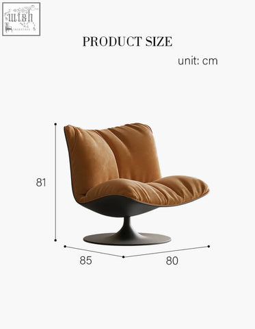 A modern swivel lounge chair with a caramel velvet seat and sleek black pedestal base perfect for relaxing