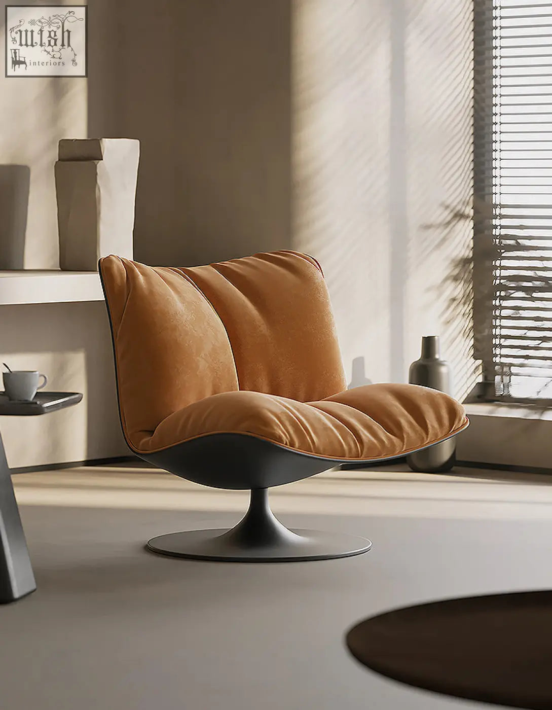 A plush caramel velvet swivel lounge chair with a sleek black pedestal base perfect for comfy lounging
