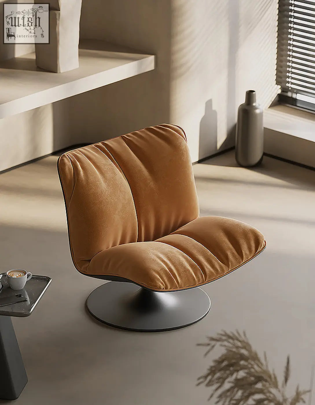 Warm caramel-colored velvet swivel lounge chair with sleek black circular base perfect for cozy living spaces