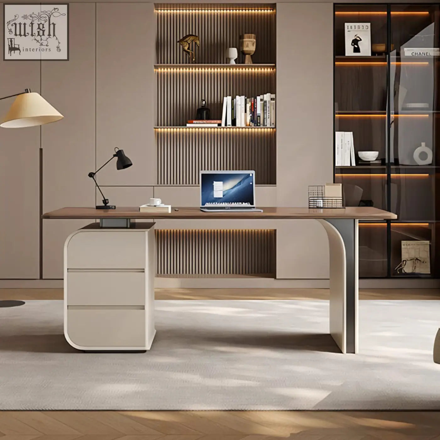 Modern minimalist ahn office desk with sleek walnut top and curved cream drawers for stylish office storage