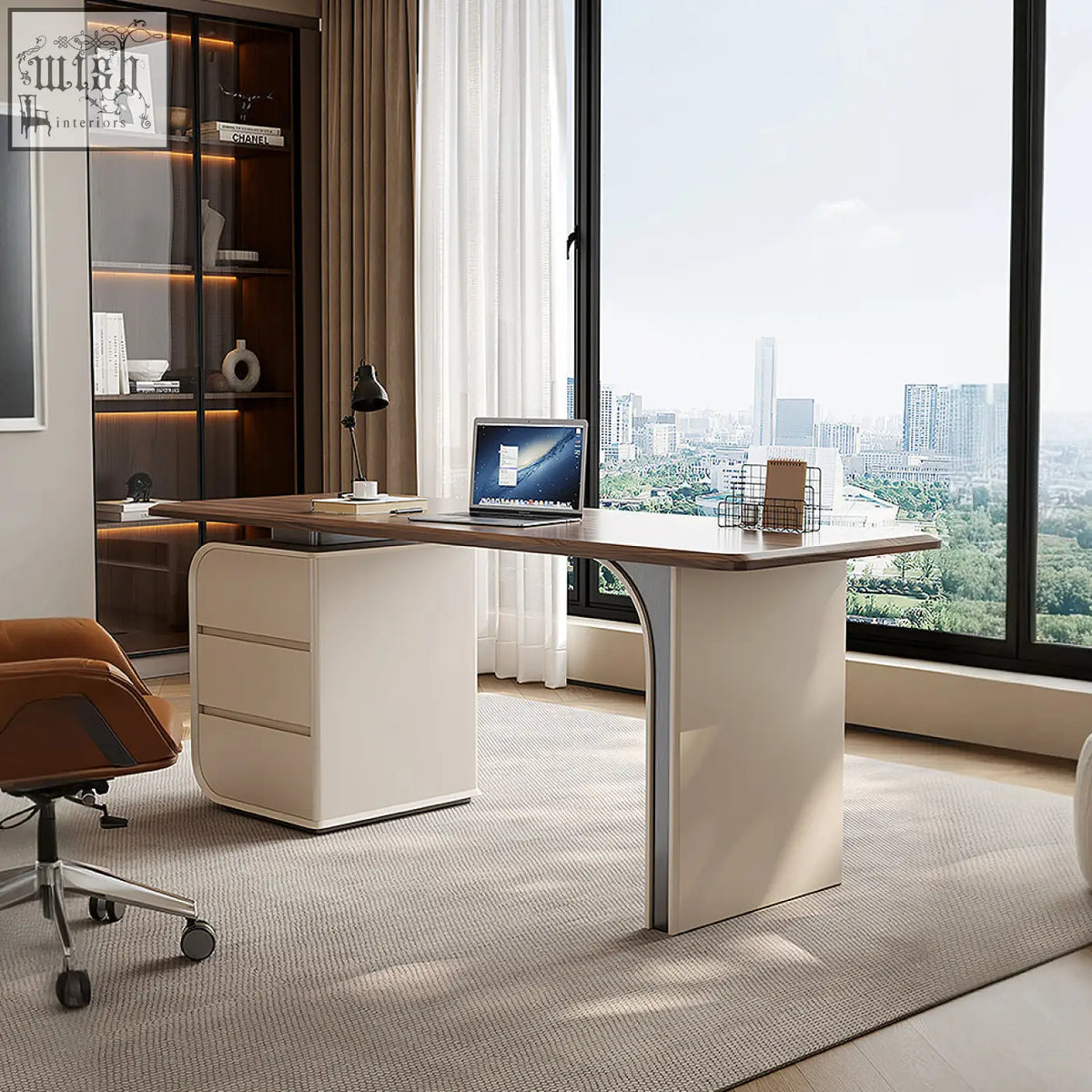 Modern minimalist ahn office desk with warm walnut wood top and sleek cream white drawers for stylish storage