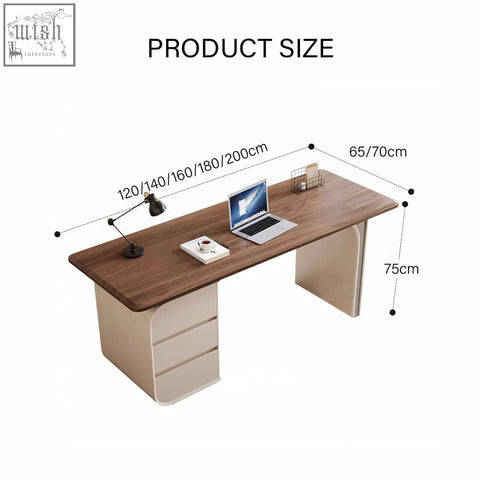 Modern wooden ahn office desk with beige drawers in walnut and cream featuring a sleek minimalist design