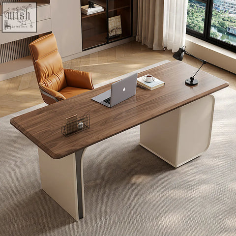 Modern ahn office desk with walnut wood grain top, sleek white base, and metallic legs for stylish office use