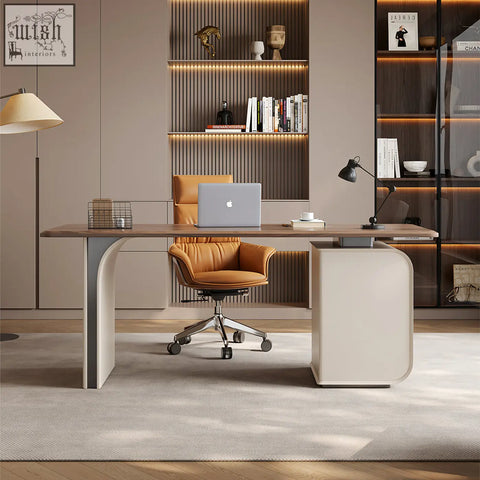 Silver apple laptop on a walnut and cream ahn office desk with storage modern wooden office desk setup