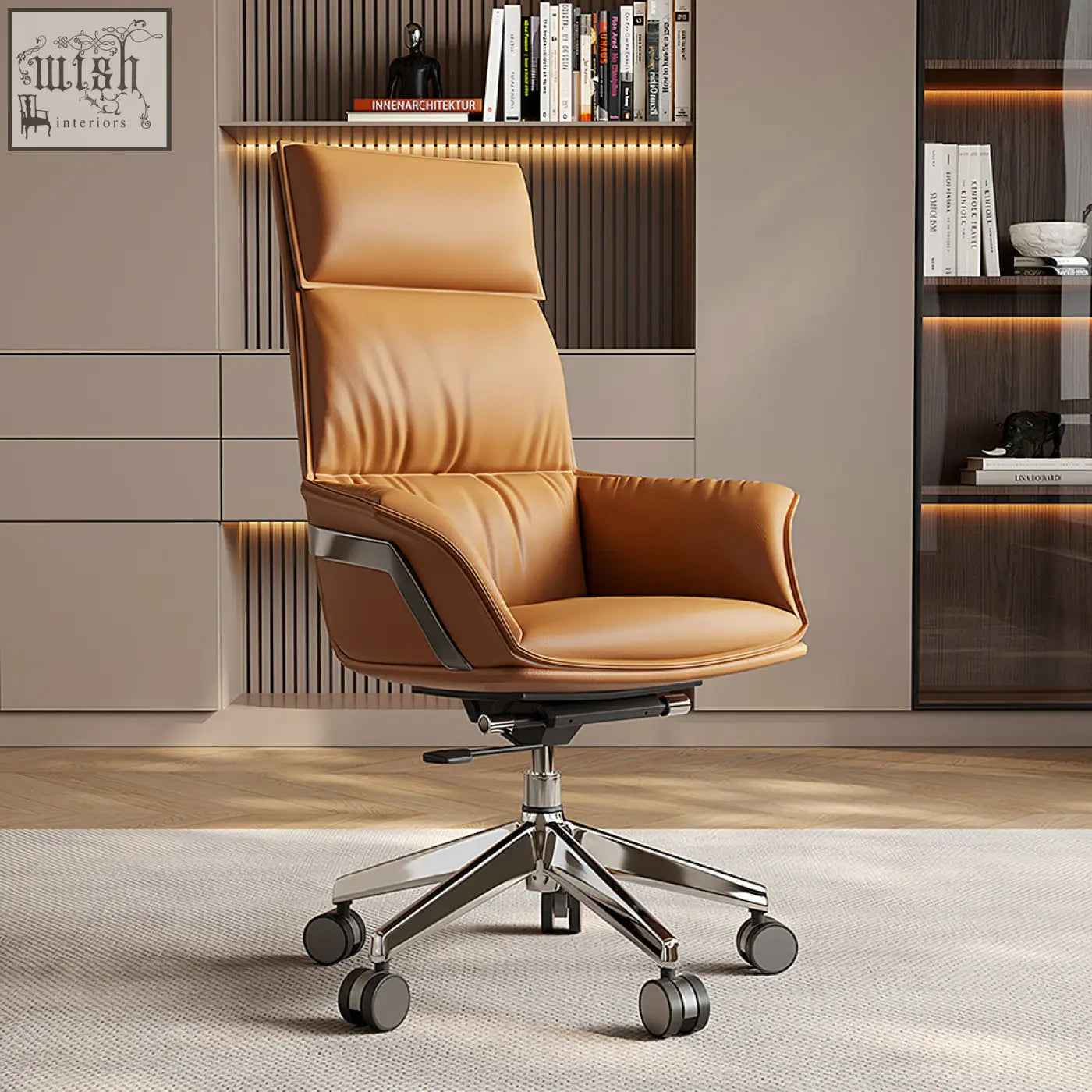 Tan leather executive office chair with padded armrests and chrome base paired with ahn office desk walnut cream