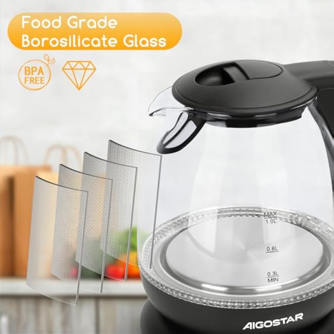 Aigostar black glass kettle cordless clear electric kettle with measurement markings for fast hot water boiling