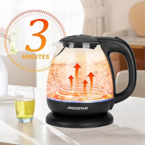 Aigostar small electric kettle with clear glass body black glass kettle cordless fast boil for hot water at home or office