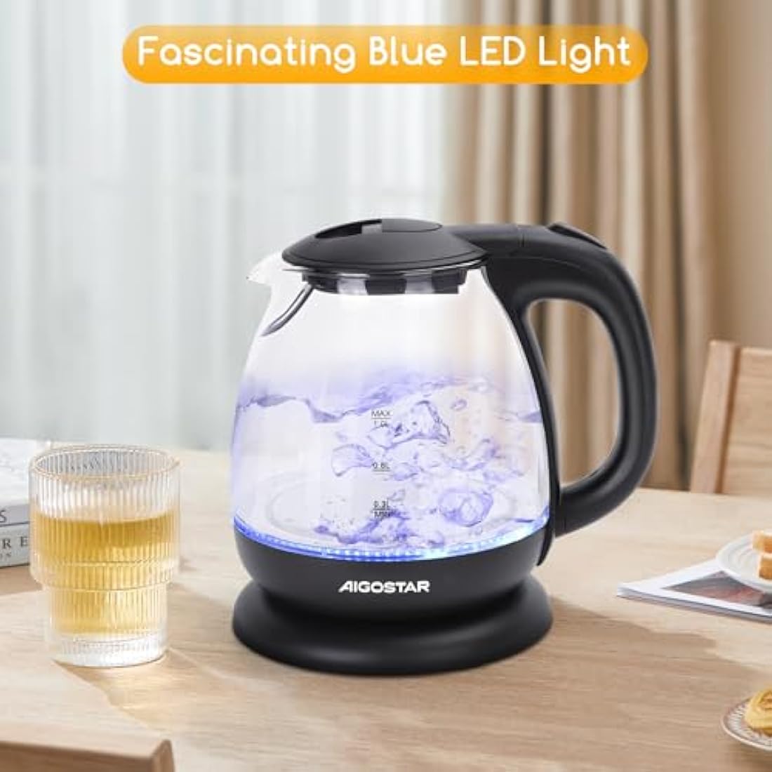 Aigostar black glass kettle with transparent body and blue led light for fast quiet hot water boiling