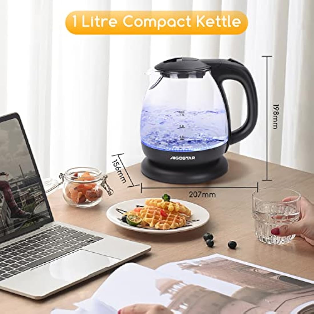 Aigostar black glass kettle cordless compact electric kettle with illuminated blue water level for hot water