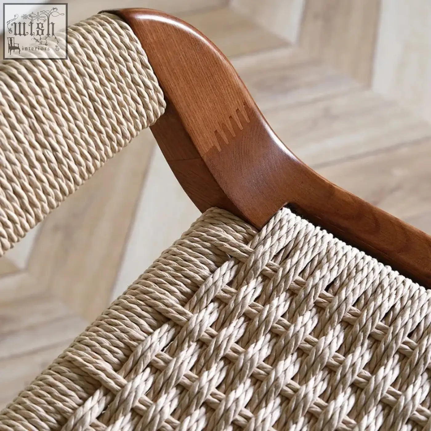Beige woven rope aiko bar stool with solid ash wood frame in warm walnut finish perfect for kitchen or bar seating