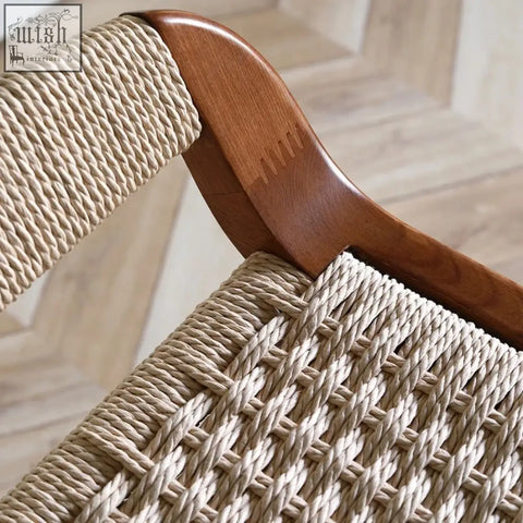Beige woven rope aiko bar stool with solid ash wood frame in warm walnut finish perfect for kitchen or bar seating