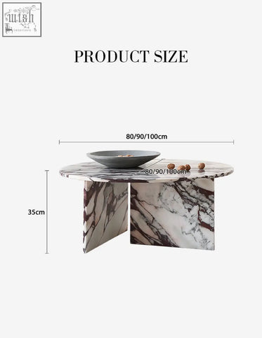Aiko coffee table round with white and dark veined marble top and pedestal legs modern stone coffee table design