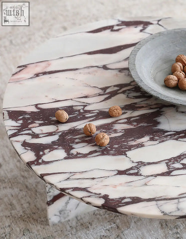 Aiko coffee table round with polished white and burgundy veined marble stone coffee table perfect for any space