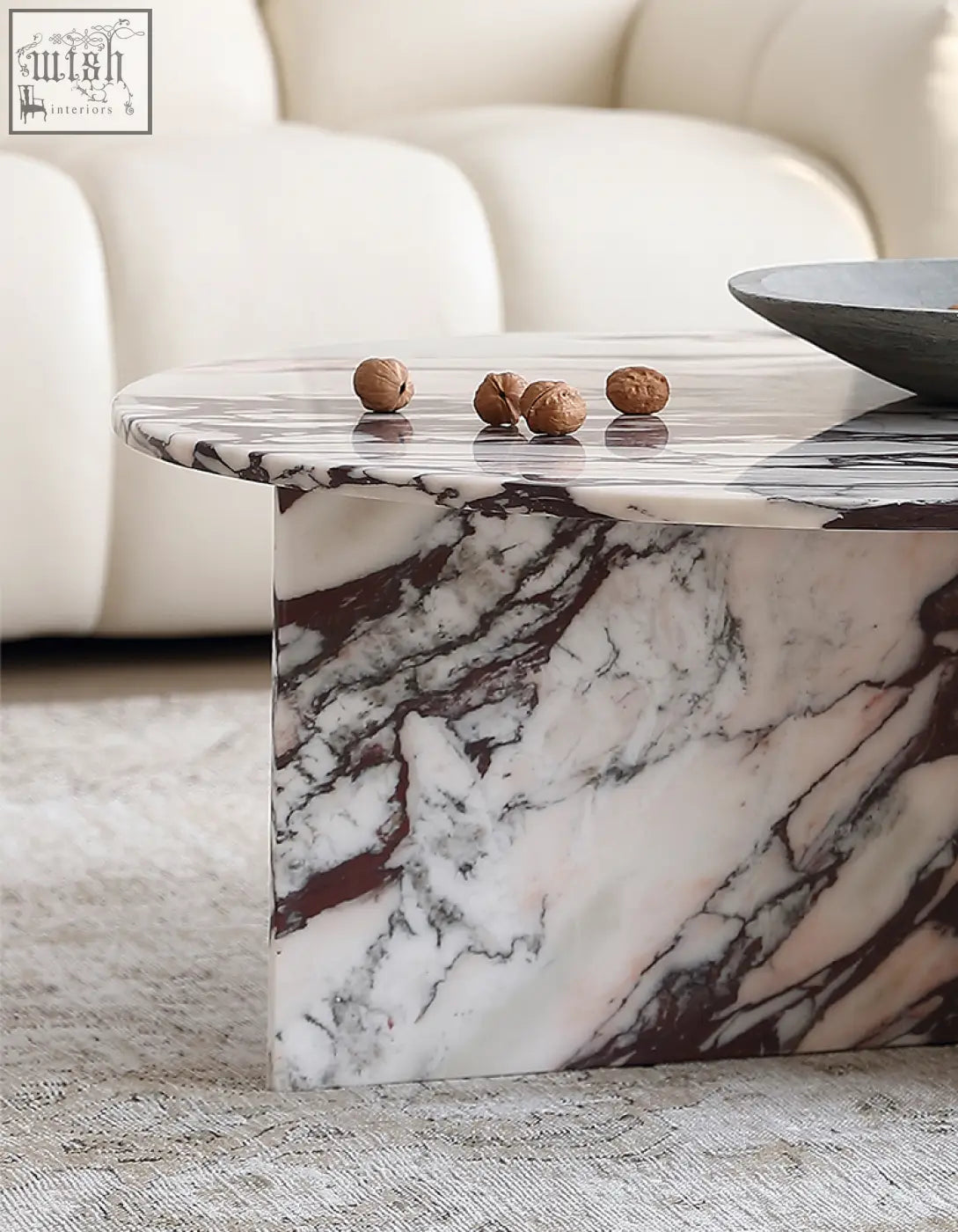 Aiko coffee table round with white and dark veined marble top and pedestal base stone coffee table perfect for living room