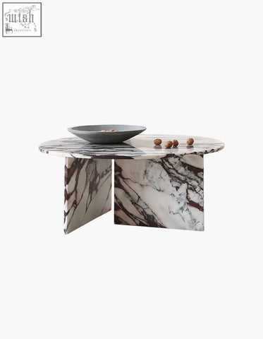 Aiko coffee table round with white and dark veined marble top and angular stone legs perfect stone coffee table