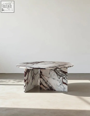 Aiko coffee table round with a sleek white and deep burgundy stone marble top and angular matching legs perfect for any space
