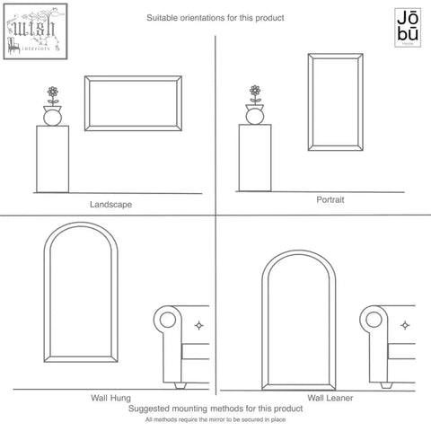 Aimi black full length leaner mirror 180cm x 105cm with simple metal frame shown in various mount options