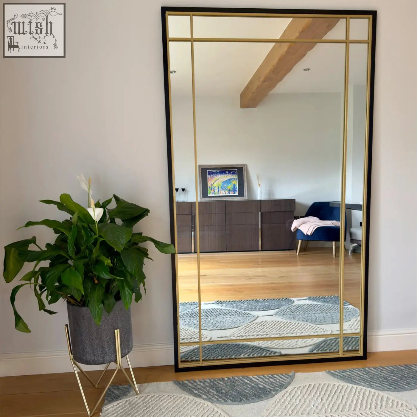 Aimi black full length leaner mirror with black frame and gold metal dividers 180cm x 105cm rectangle style