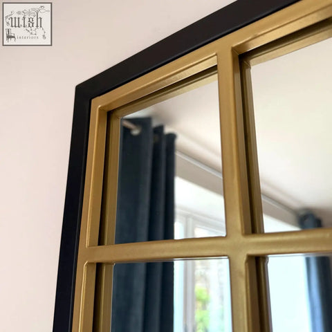 Aimi black full length leaner mirror with gold metal frame and multi-paned design 180cm x 105cm