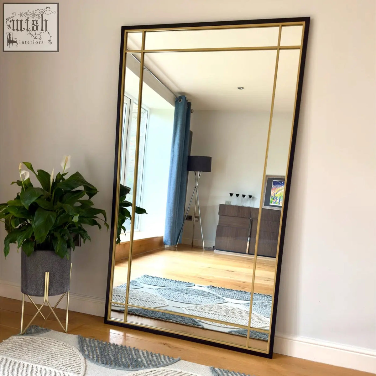 A tall leaner mirror aimi black with sleek black frame and gold geometric lines 180cm x 105cm metal rectangle window