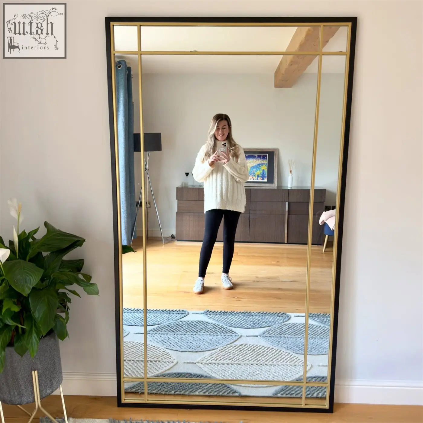 Aimi black full length leaner mirror 180cm x 105cm with black frame and gold geometric metal dividers