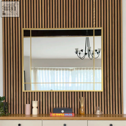 Aimi gold metal rectangle window mirror with gold frame grid design and black accents 95cm by 120cm