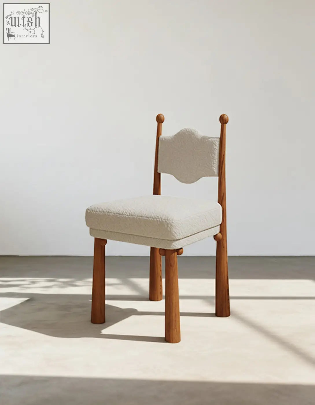 Ainsley dining chair with a minimalist wooden frame and light beige cashmere fabric seat and backrest with seat height