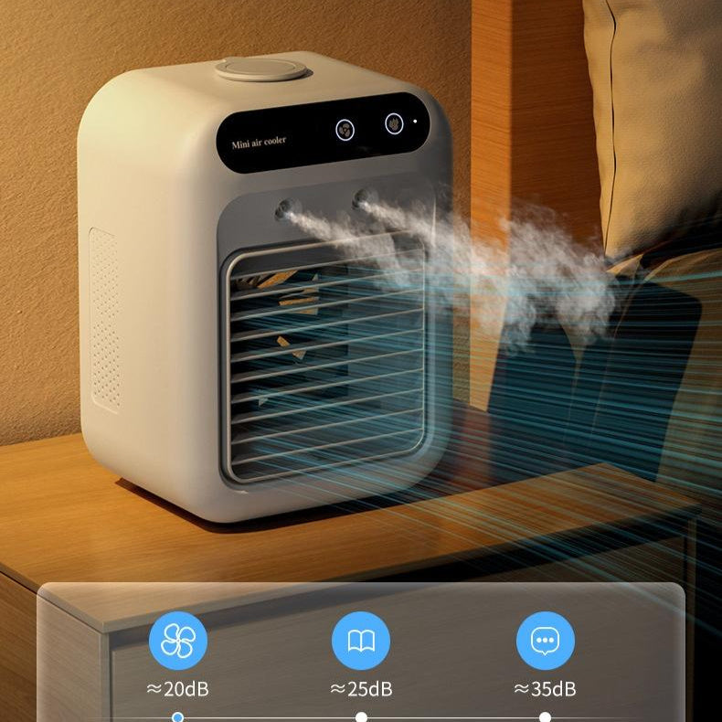 Cream-colored portable air conditioner with atomization technology and digital control panel for room and car cooling
