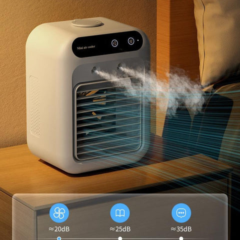 Cream-colored portable air conditioner with atomization technology and digital control panel for room and car cooling